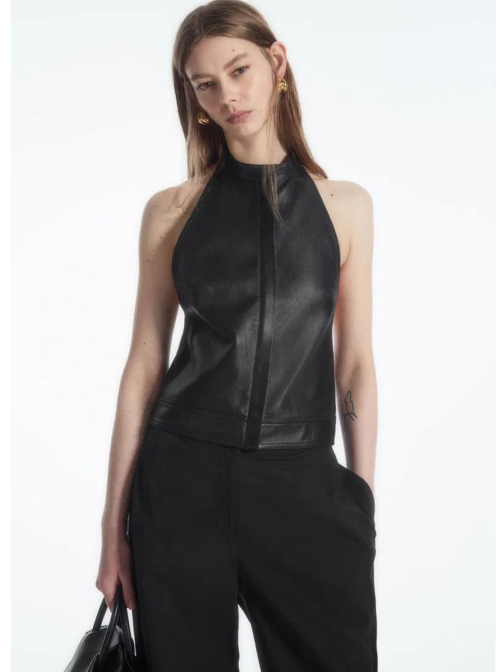 COS Genuine Black Leather Moto Minimalist Halter Neck Racer Back Top Size M / L